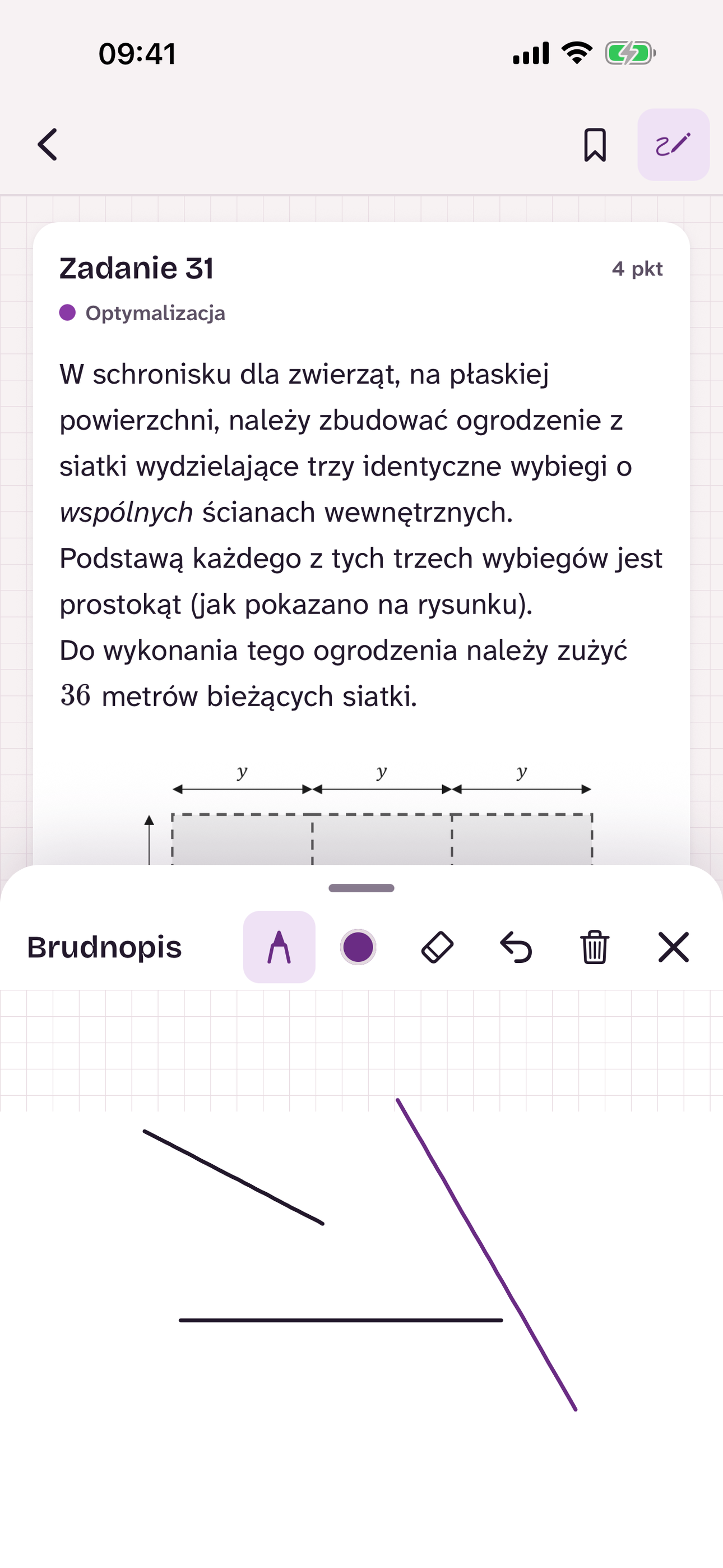 Brudnopis otwarty pod zadaniem, z obliczeniami narysowanymi palcem.